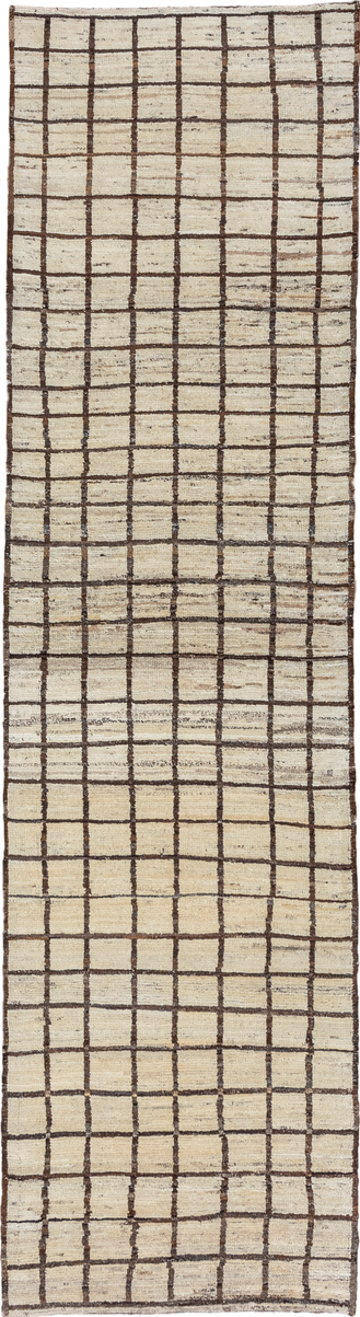 3' x 11' one-of-a-kind handmade vintage Tulu runner rug. Color palette: brown, gray, light gray, off-white, orange, snow