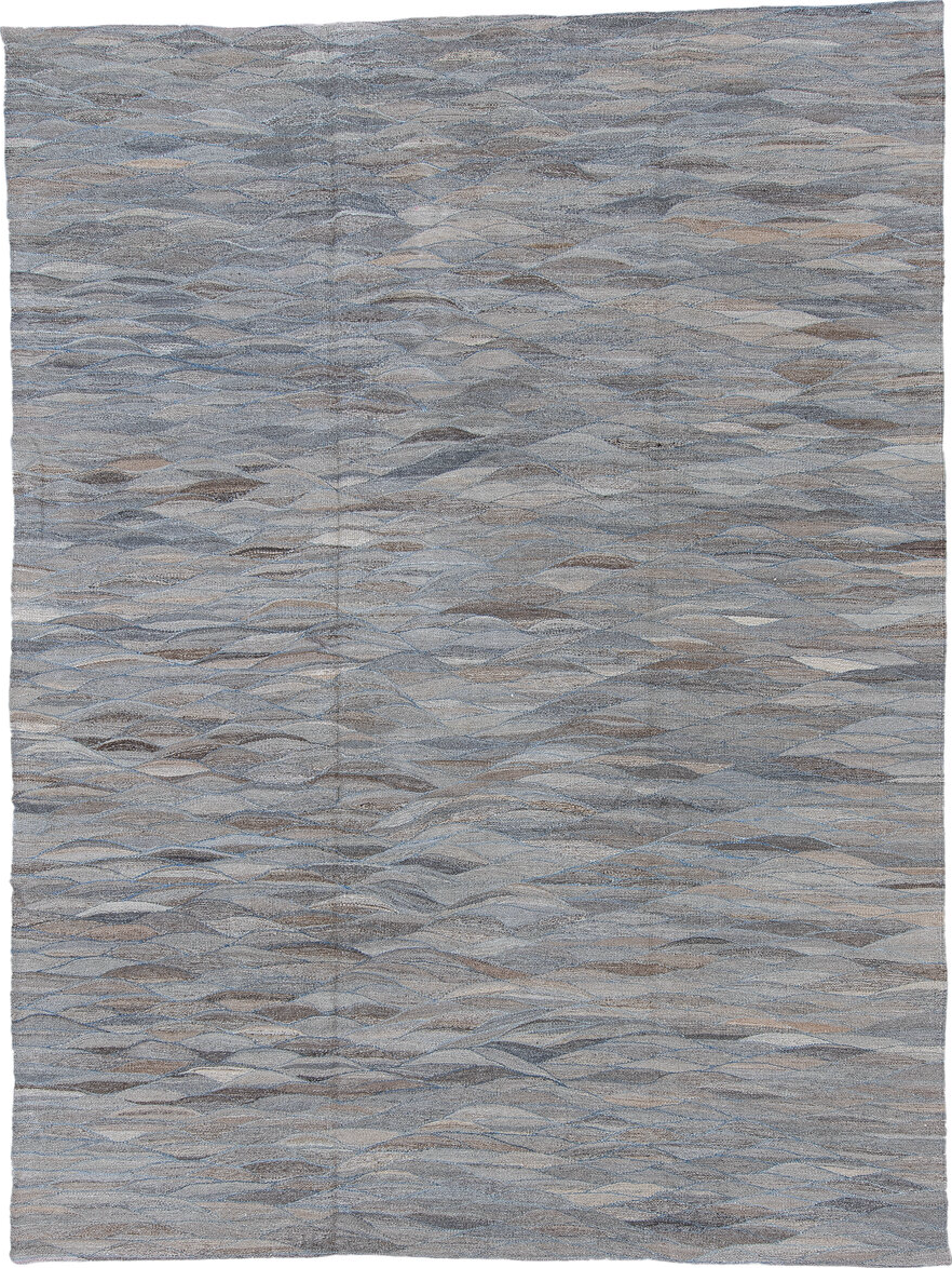 8' x 11' one-of-a-kind handmade vintage Kilim large size rug. Color palette: blue, dim gray, gray, light blue, light gray