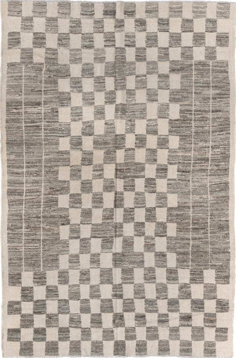 6' x 9' one-of-a-kind handmade vintage Tulu medium size rug. Color palette: black, gray, light gray, off-white, silver