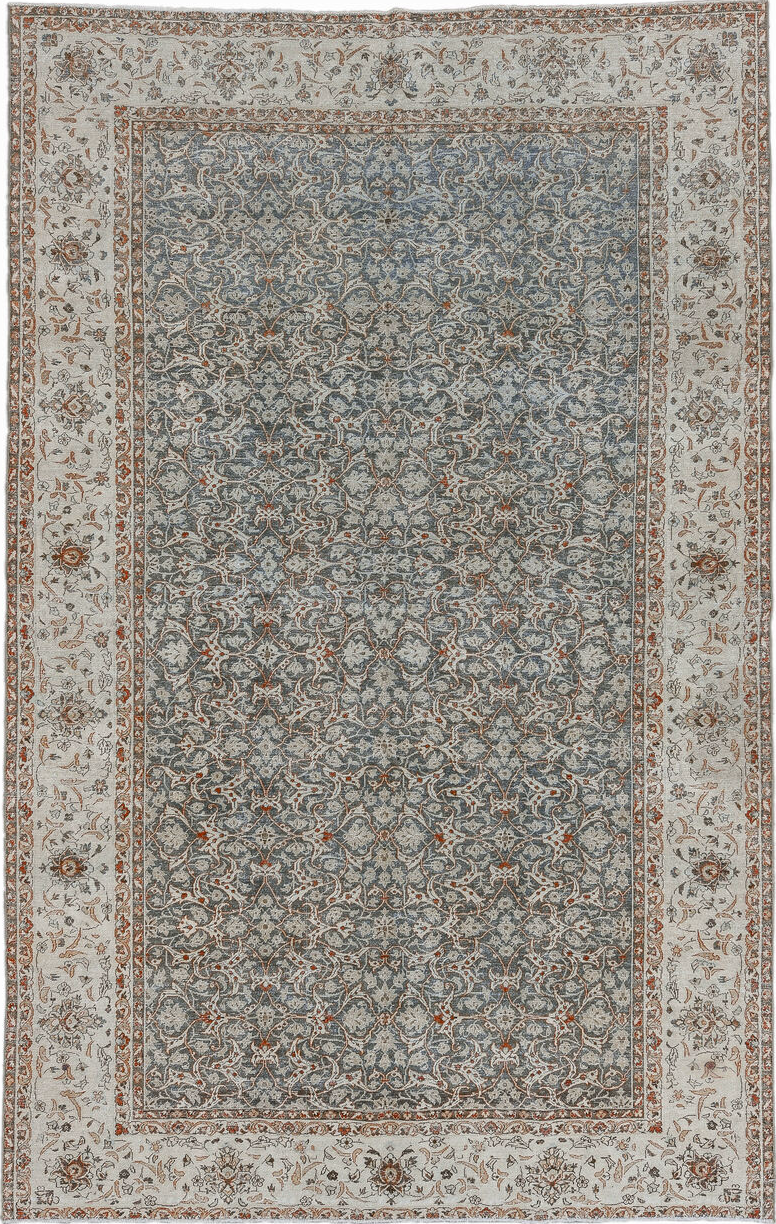 7' x 11' one-of-a-kind handmade vintage Tabriz large size rug. Color palette: black, brown, charcoal, dim gray, gainsboro