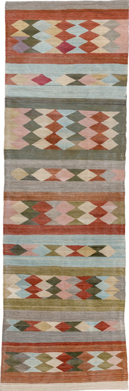 3' x 9' one-of-a-kind handmade vintage Kilim runner rug. Color palette: light gray, gray, off-white, brown, red, pink