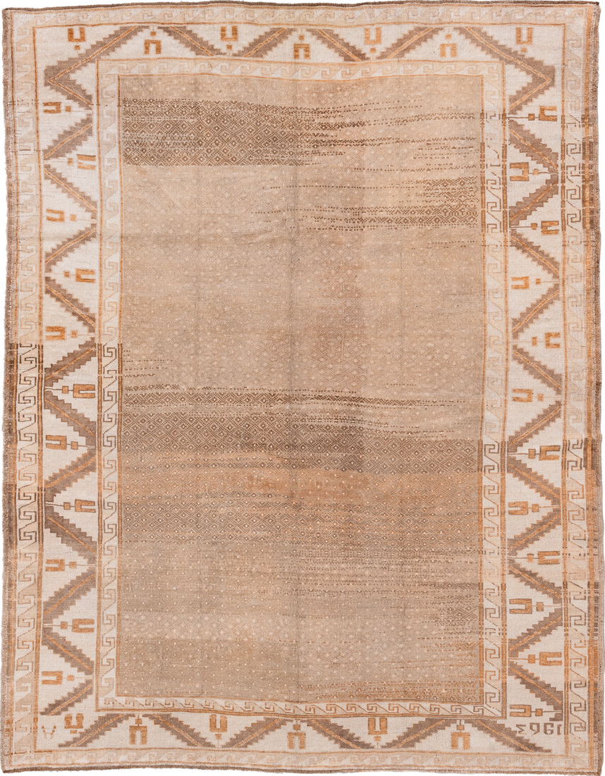 6' x 8' one-of-a-kind handmade vintage Kars medium size rug. Color palette: brown, gray, light gray, off-white, orange, pink