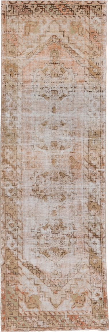 3' x 9' one-of-a-kind handmade vintage Oushak runner rug. Color palette: brown, gray, light gray, off-white, pink, silver