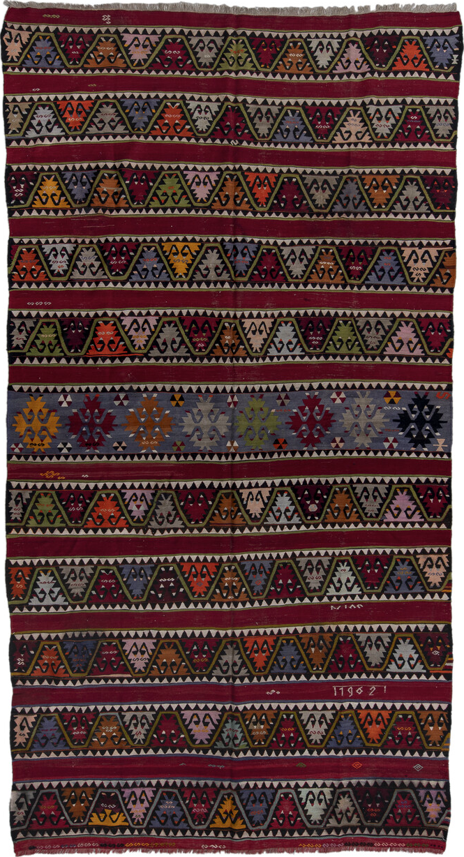 6' x 12' one-of-a-kind handmade vintage Kilim large size rug. Color palette: blue, brown, burgundy, dim gray, gainsboro