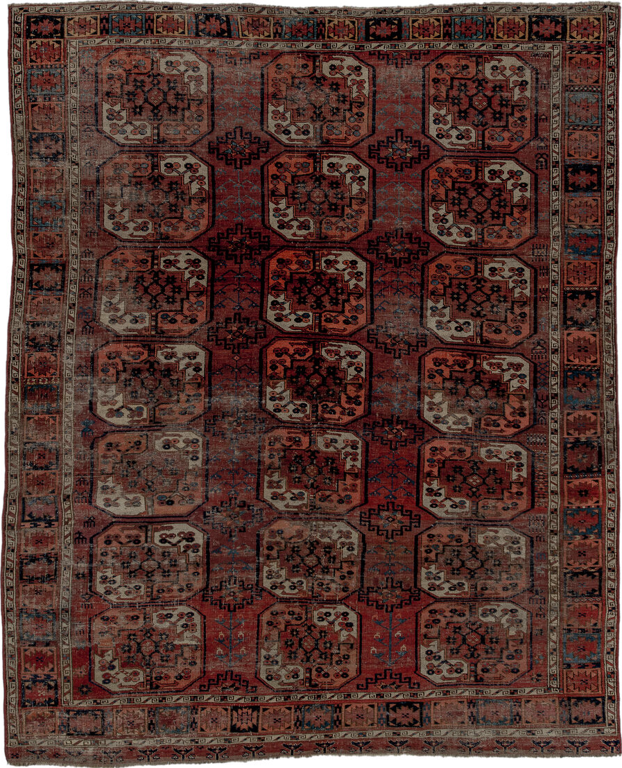 7' x 8' one-of-a-kind handmade vintage Afghan rug. Color palette: black, brown, gray, light gray, off-white, pink, red