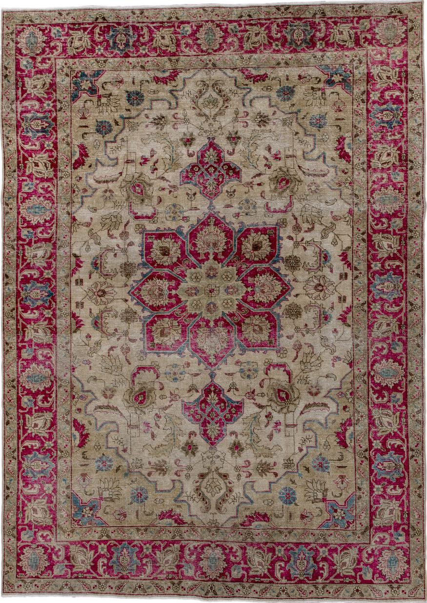 6' x 9' one-of-a-kind handmade vintage Tabriz medium size rug. Color palette: black, blue, brown, gray, light gray