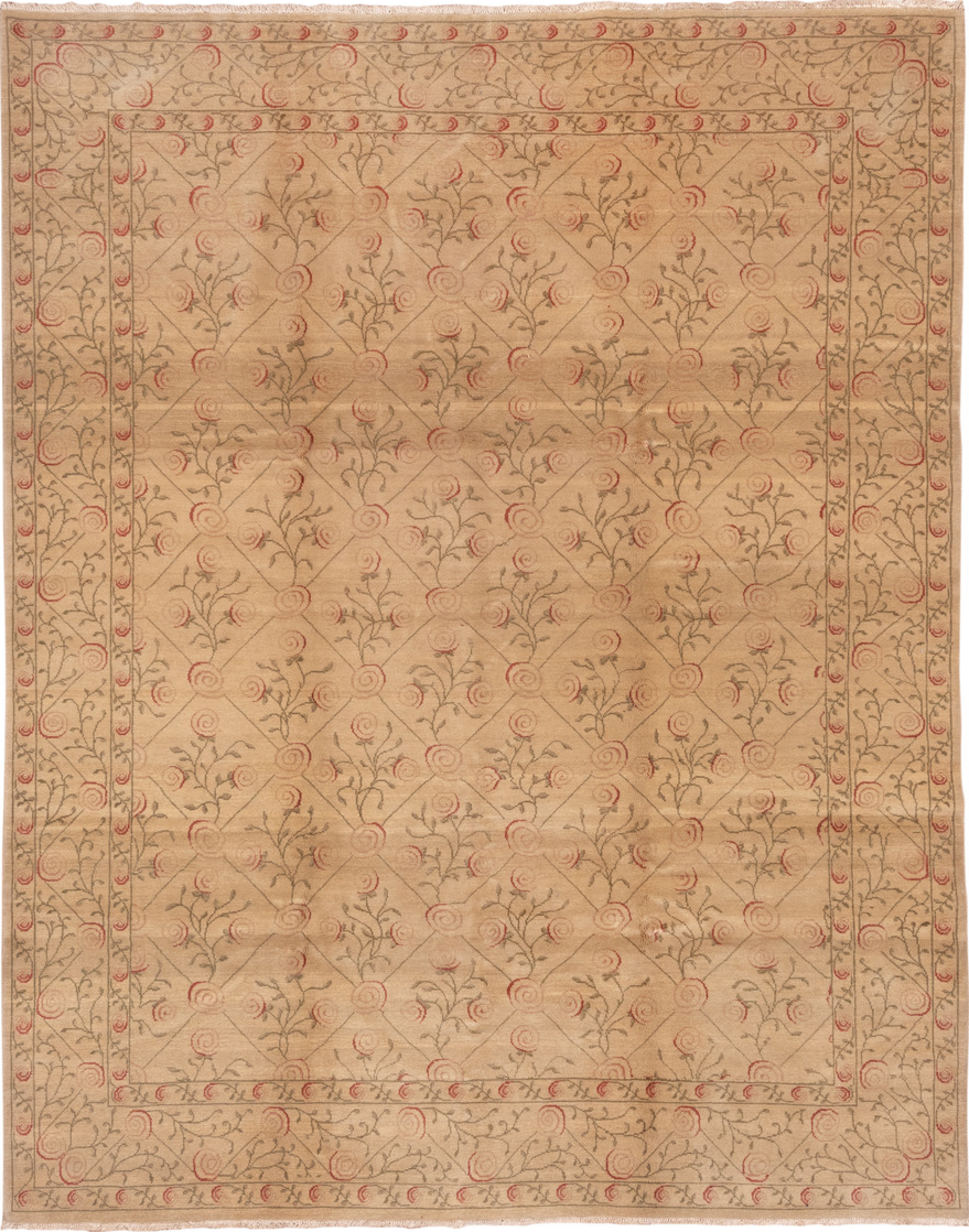 8' x 10' one-of-a-kind handmade vintage Aubusson large size rug. Color palette: brown, burlywood, orange, tan