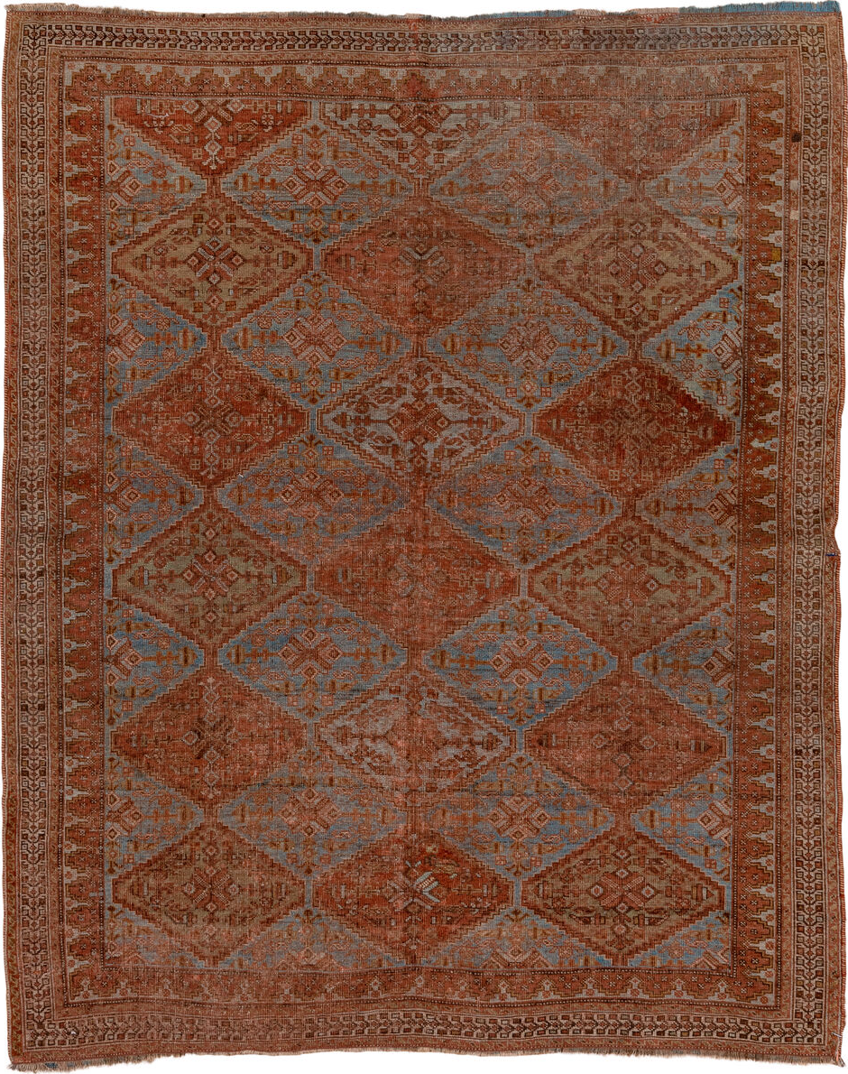4' x 5' one-of-a-kind handmade vintage Afshar small size rug. Color palette: blue, brown, dim gray, gray, light gray