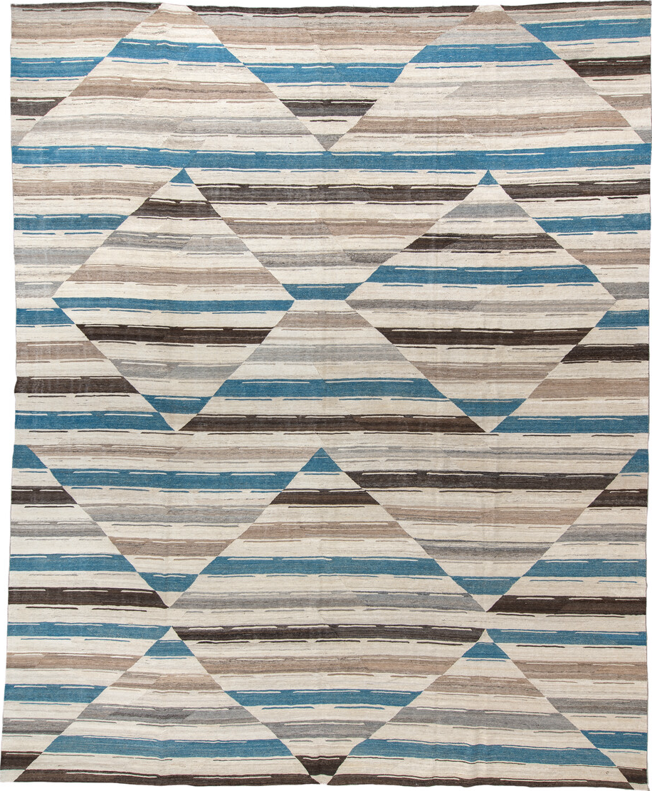 13' x 15' one-of-a-kind handmade vintage Kilim oversize rug. Color palette: pink, gray, blue, light gray, off-white, linen
