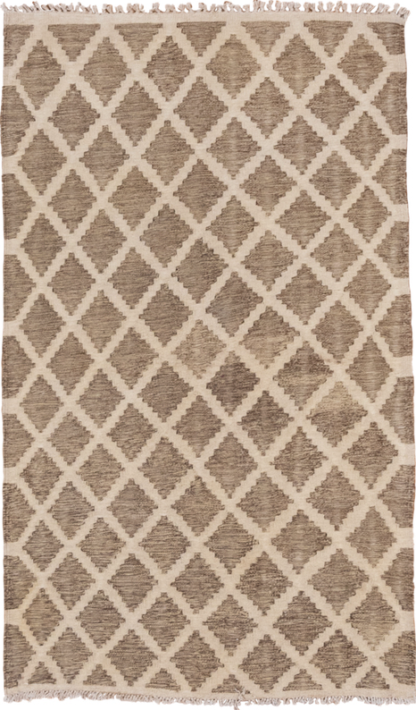 3' x 5' one-of-a-kind handmade vintage Kilim small size rug. Color palette: brown, gray, light gray, off-white, orange, pink