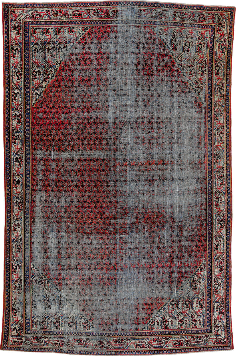6' x 9' one-of-a-kind handmade vintage Saraband medium size rug. Color palette: black, blue, brown, charcoal, dim gray, gray