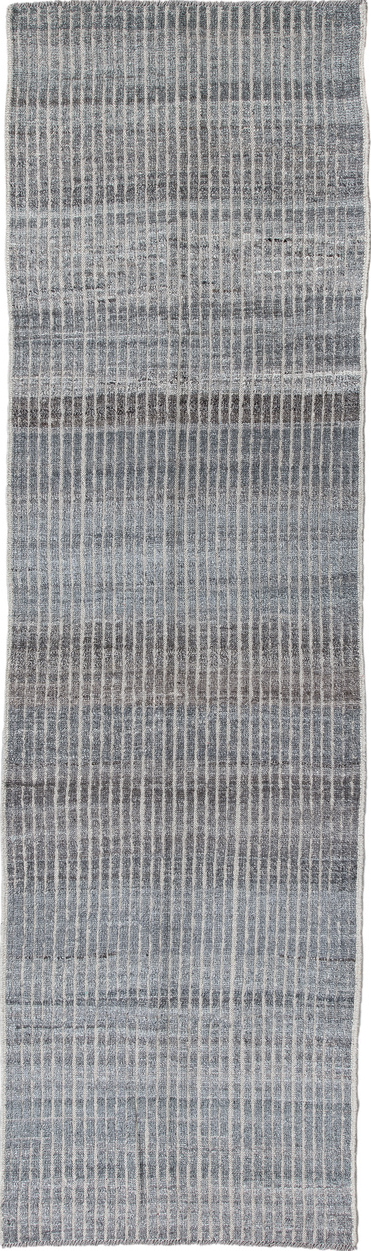 2' x 9' one-of-a-kind handmade vintage Tulu runner rug. Color palette: black, blue, dark gray, dim gray, gray, light blue