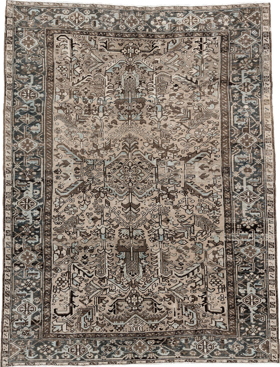6' x 8' one-of-a-kind handmade vintage  medium size rug. Color palette: gray, light gray, off-white, black, pink, dim gray