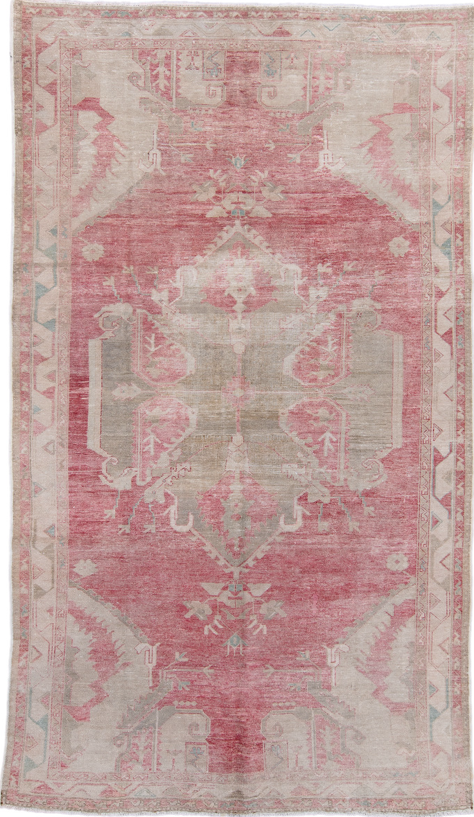 6' x 11' one-of-a-kind handmade vintage Oushak large size rug. Color palette: brown, dim gray, gray, light gray, off-white