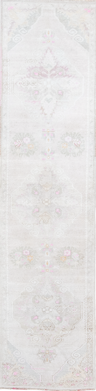 2' x 9' one-of-a-kind handmade vintage Anatol runner rug. Color palette: azure, gainsboro, ghost white, gray, light blue