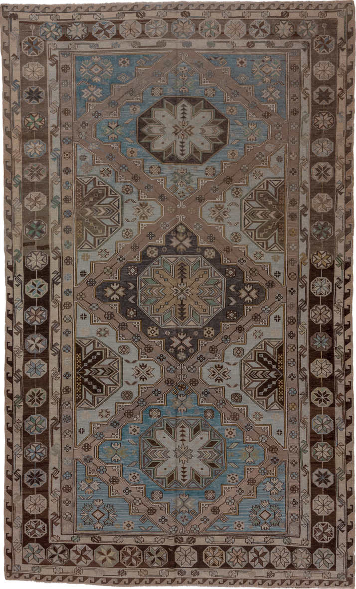 7' x 11' one-of-a-kind handmade vintage Sumak large size rug. Color palette: blue, brown, dim gray, gray
