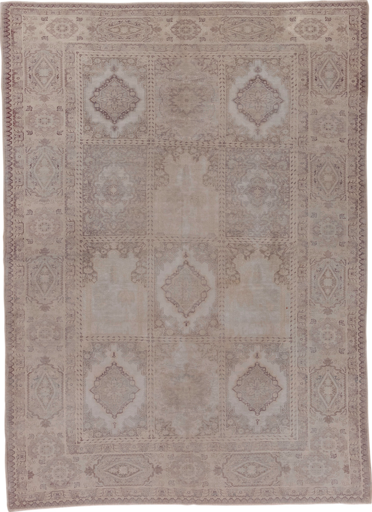 5' x 7' one-of-a-kind handmade vintage Oushak rug. Color palette: brown, gray, light gray, off-white, pink, snow, white