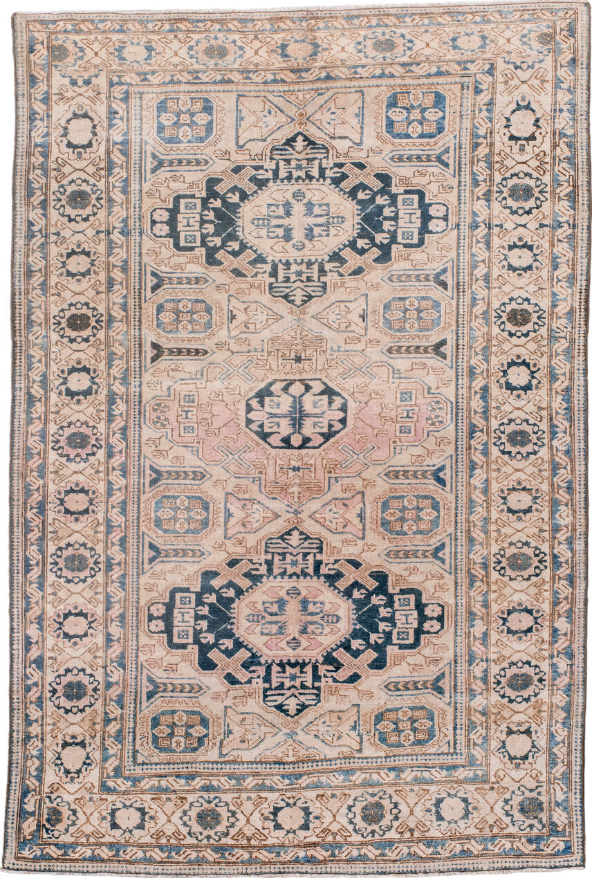 4' x 6' one-of-a-kind handmade vintage Ardebil small size rug. Color palette: black, blue, brown, charcoal, dark gray
