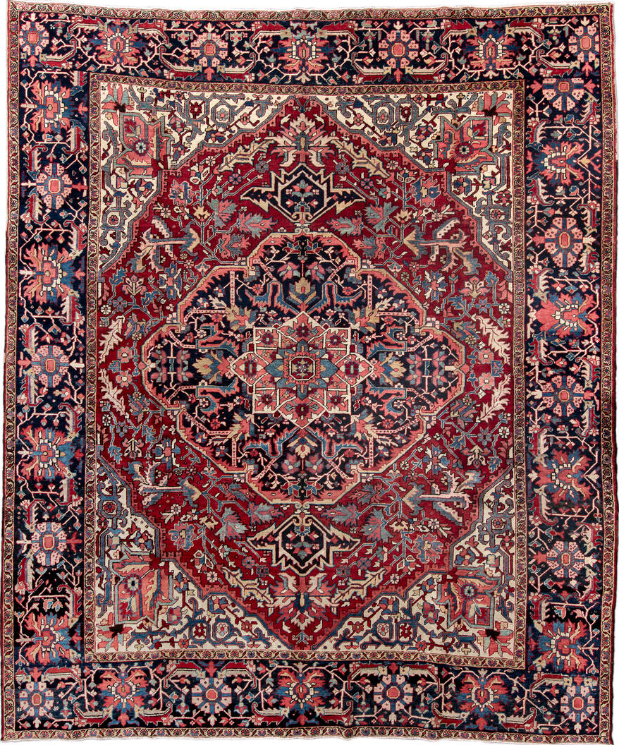 10' x 11' one-of-a-kind handmade vintage Heriz large size rug. Color palette: antiquewhite, bisque, black, blanched almond