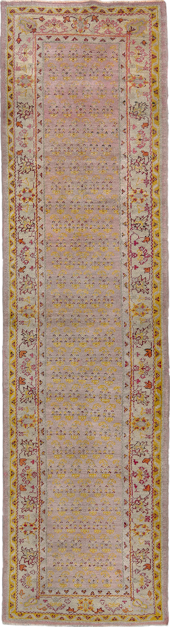 3' x 11' one-of-a-kind handmade vintage Oushak runner rug. Color palette: brown, orange, off-white, gray, red, pink