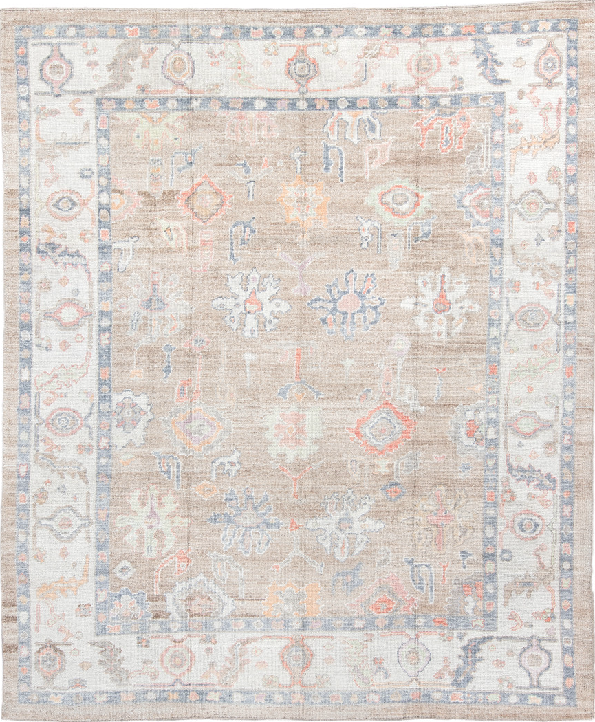 8' x 9' one-of-a-kind handmade vintage Oushak rug. Color palette: gray, light gray, pink, off-white, silver, dark gray