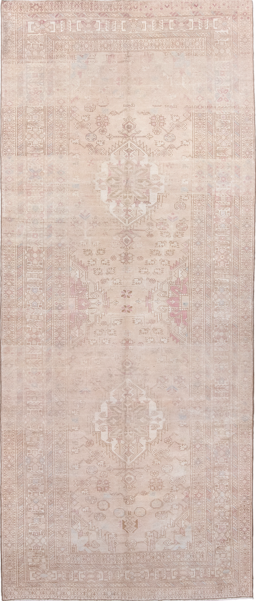 4' x 11' one-of-a-kind handmade vintage Meshkin runner rug. Color palette: gray, light gray, linen, misty rose, off-white