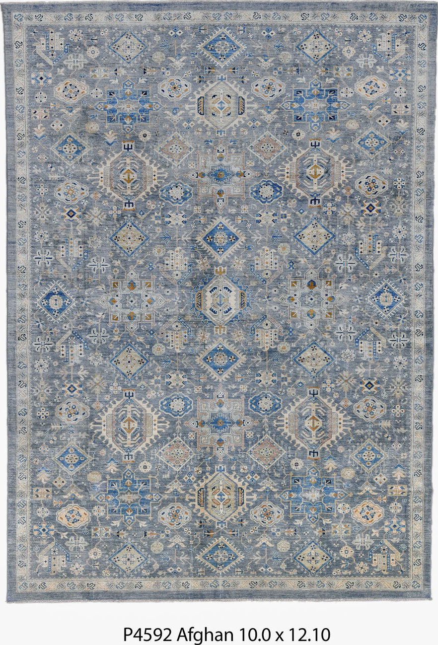 10' x 12' one-of-a-kind handmade vintage Afghan large size rug. Color palette: black, blue, brown, dark gray, gainsboro