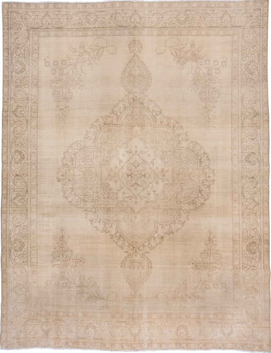 9' x 12' one-of-a-kind handmade vintage Tabriz large size rug. Color palette: brown, gray, light gray, off-white, orange