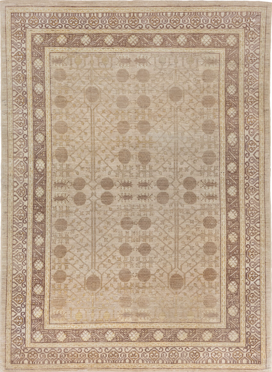 9' x 12' one-of-a-kind handmade vintage Khotan large size rug. Color palette: brown, gray, off-white, orange, pink, snow