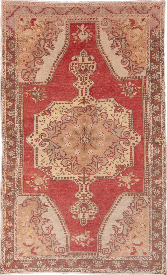 4' x 7' one-of-a-kind handmade vintage Oushak rug. Color palette: brown, gray, light gray, off-white, orange, pink, red