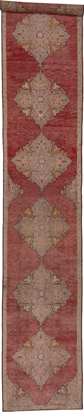 3' x 18' one-of-a-kind handmade vintage Oushak runner rug. Color palette: brown, off-white, pink, red, redwood, snow, white