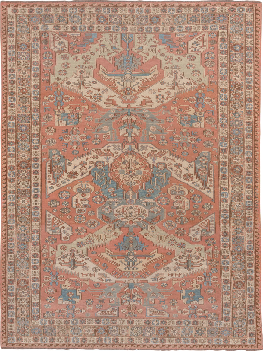 7' x 9' one-of-a-kind handmade vintage Sumak rug. Color palette: brown, gray, orange, pink