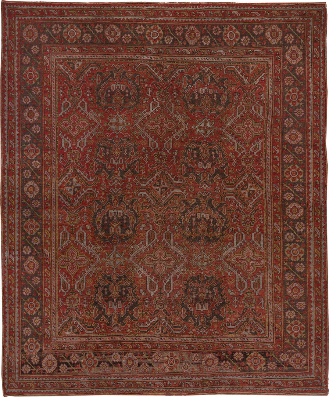 12' x 13' one-of-a-kind handmade vintage Oushak oversize rug. Color palette: brown, gray, pink, red