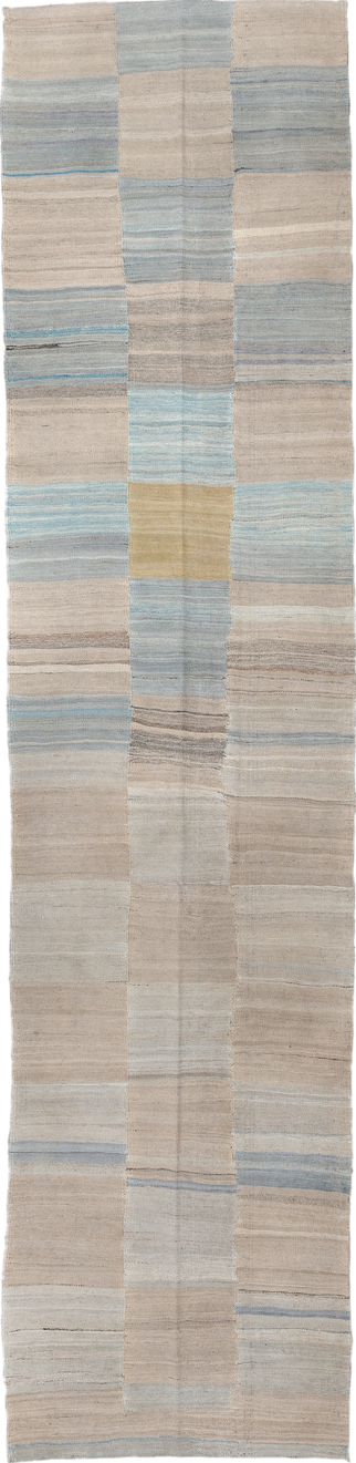 3' x 13' one-of-a-kind handmade vintage Kilim runner rug. Color palette: blue, brown, dark gray, gray, light gray