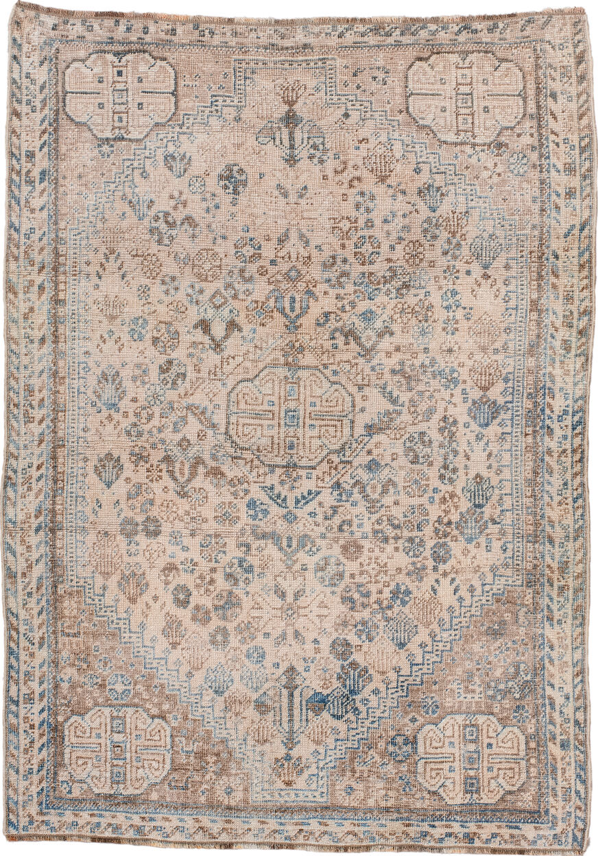 3' x 5' one-of-a-kind handmade vintage Shiraz small size rug. Color palette: blue, brown, dark gray, dim gray, gray