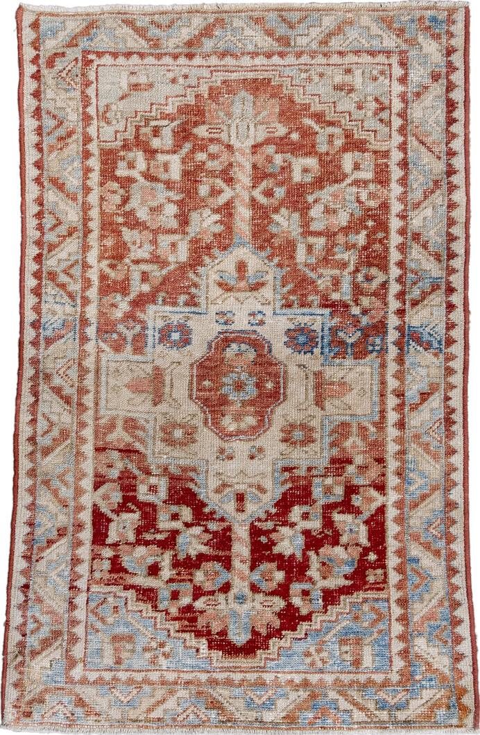 2' x 3' one-of-a-kind handmade vintage Heriz small size rug. Color palette: brown, red, light gray, off-white, gray, blue