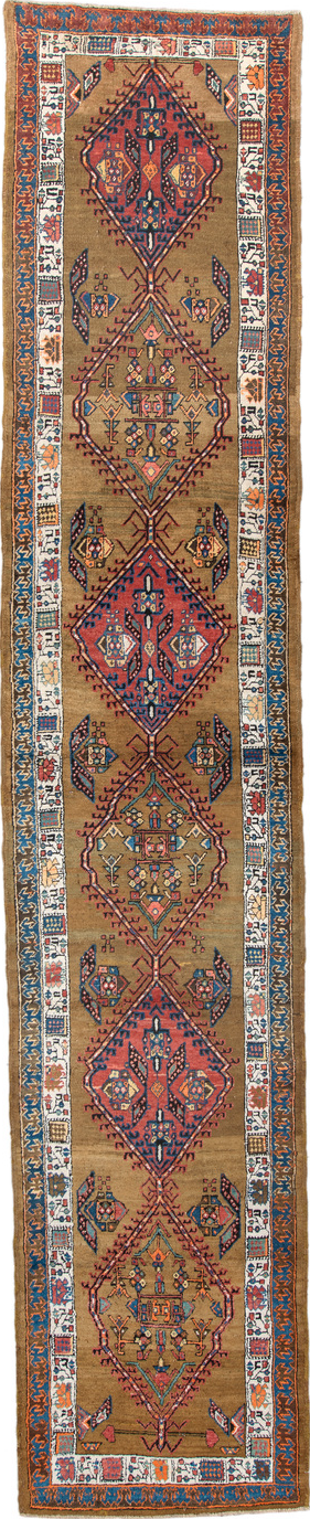 3' x 16' one-of-a-kind handmade vintage Sarab runner rug. Color palette: light gray, off-white, gray, blue, red, brown, pink