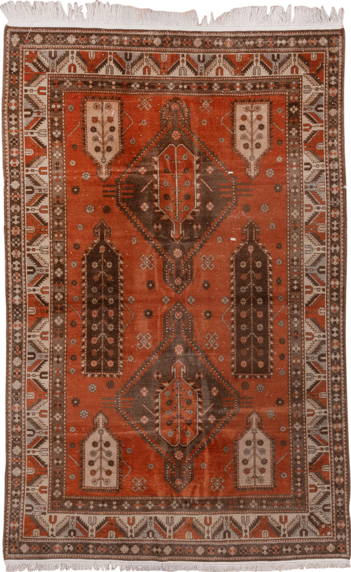 4' x 7' one-of-a-kind handmade vintage Caucasian rug. Color palette: brown, gray, light gray, off-white, pink, red