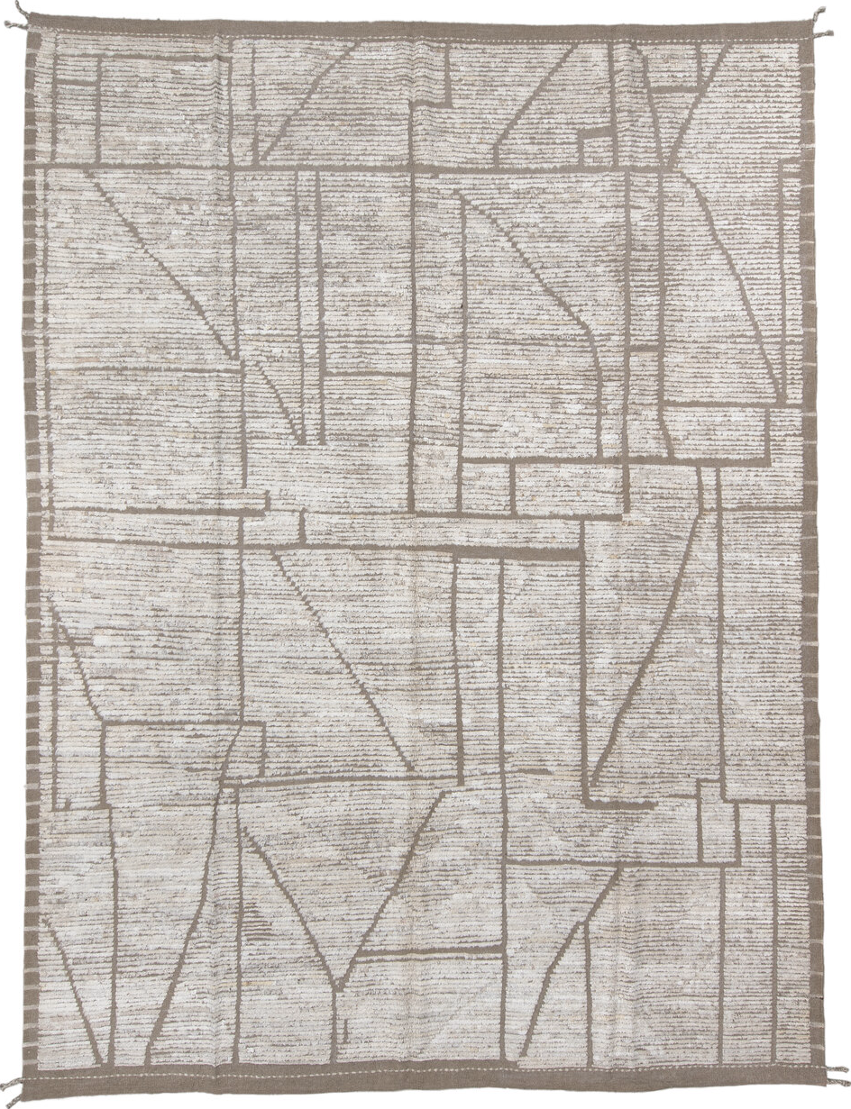 9' x 12' one-of-a-kind handmade vintage Tulu large size rug. Color palette: light gray, gray, off-white, pink, gainsboro