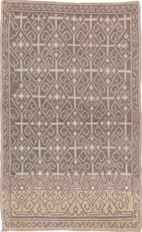 2' x 4' one-of-a-kind handmade vintage Konya small size rug. Color palette: brown, gray, light gray, off-white, pink, snow
