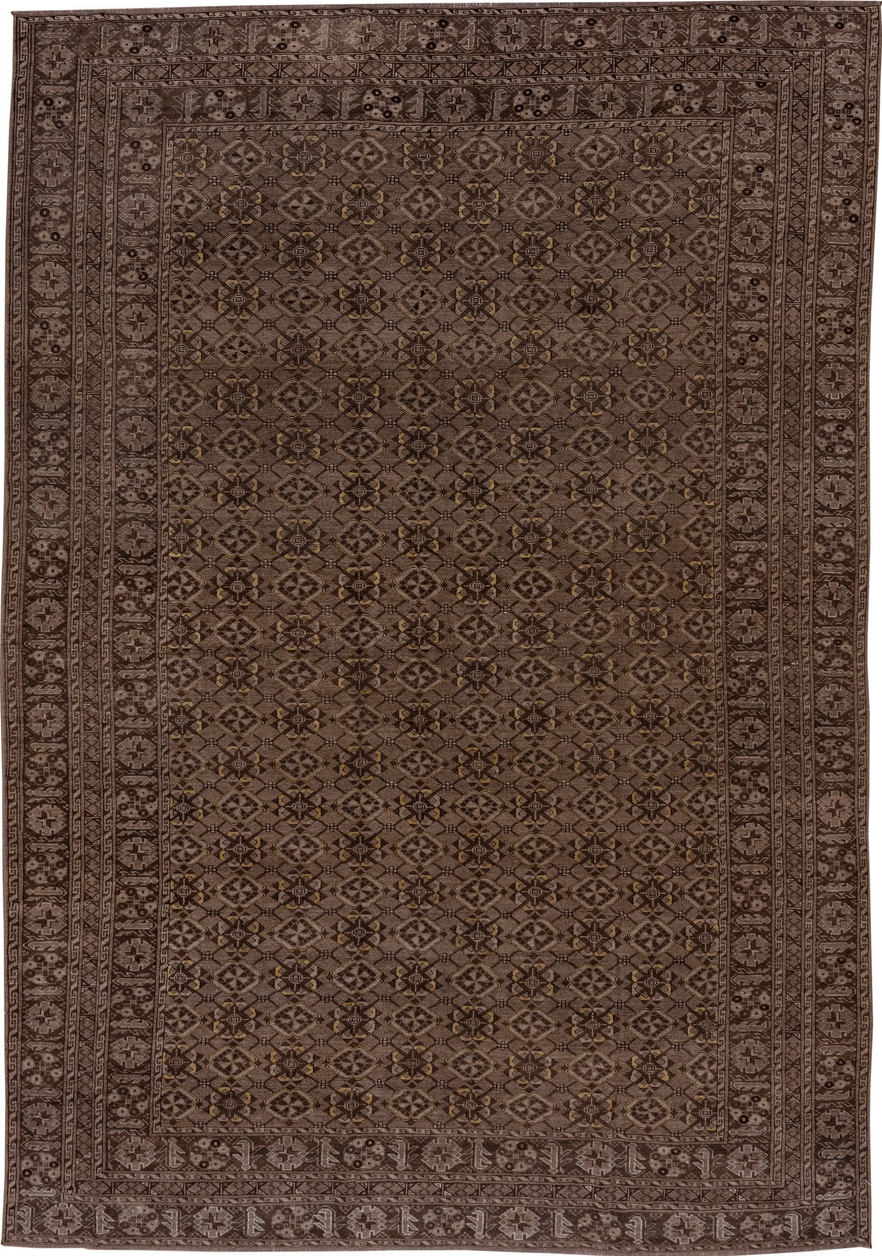 8' x 11' one-of-a-kind handmade vintage Afghan large size rug. Color palette: brown, gray, light gray, off-white, pink, snow