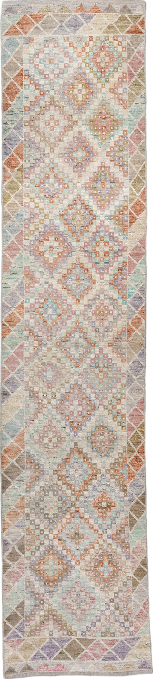 2' x 12' one-of-a-kind handmade vintage Tulu runner rug. Color palette: brown, dark gray, gray, light gray, off-white, pink