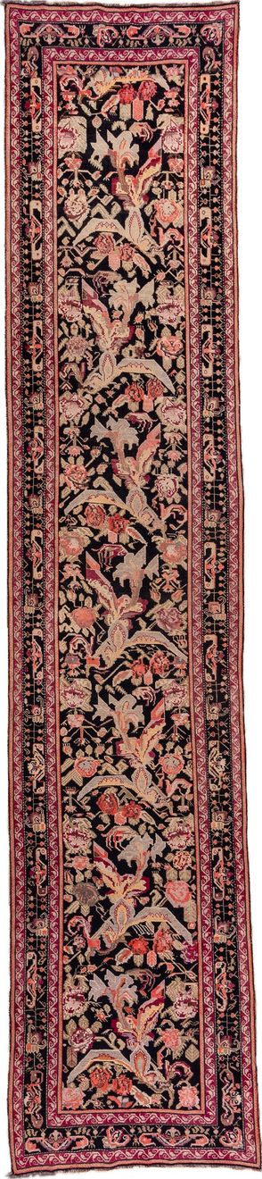 3' x 18' one-of-a-kind handmade vintage Karabagh runner rug. Color palette: black, brown, off-white, orange, pink, red