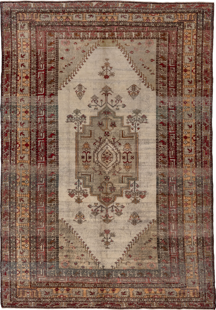 6' x 9' one-of-a-kind handmade vintage Oushak medium size rug. Color palette: brown, gray, pink