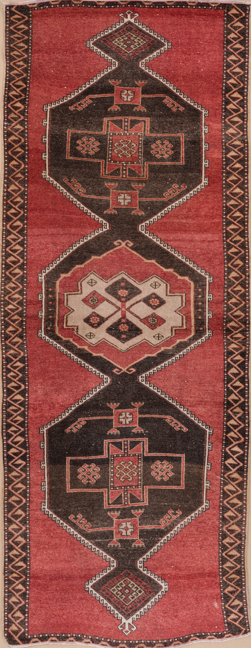 4' x 11' one-of-a-kind handmade vintage Oushak runner rug. Color palette: brown, gray, indian red, light gray, off-white