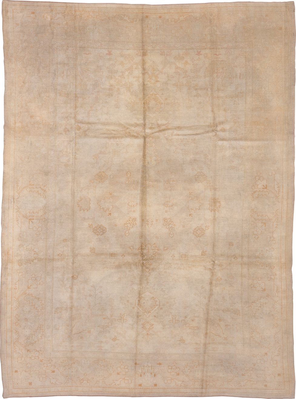 9' x 13' one-of-a-kind handmade vintage Oushak large size rug. Color palette: brown, gray, light gray, off-white, orange