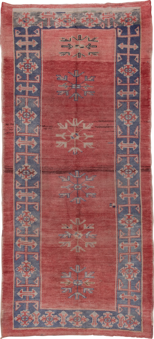 4' x 10' one-of-a-kind handmade vintage Oushak runner rug. Color palette: blue, brown, gray, pink, red
