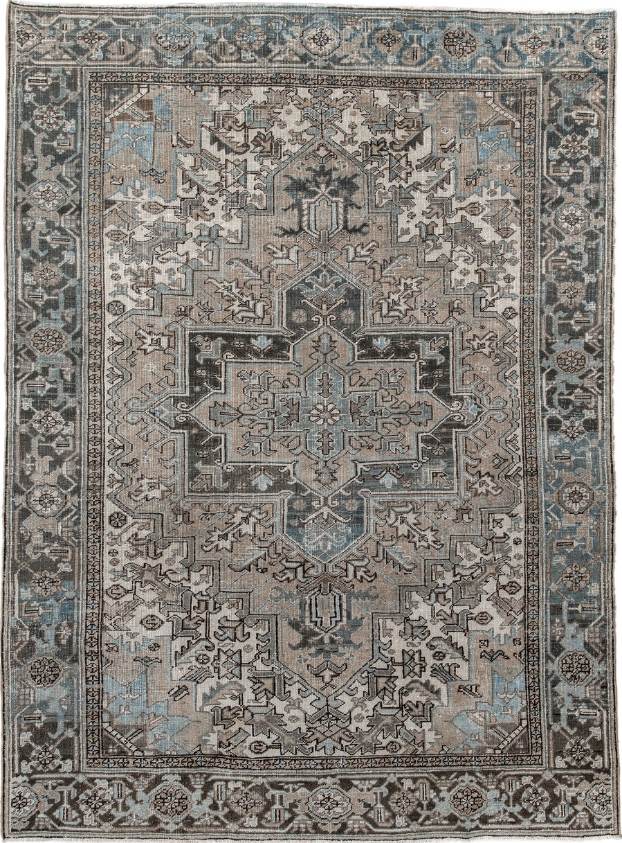 6' x 9' one-of-a-kind handmade vintage Heriz medium size rug. Color palette: gray, light gray, off-white, black, light blue