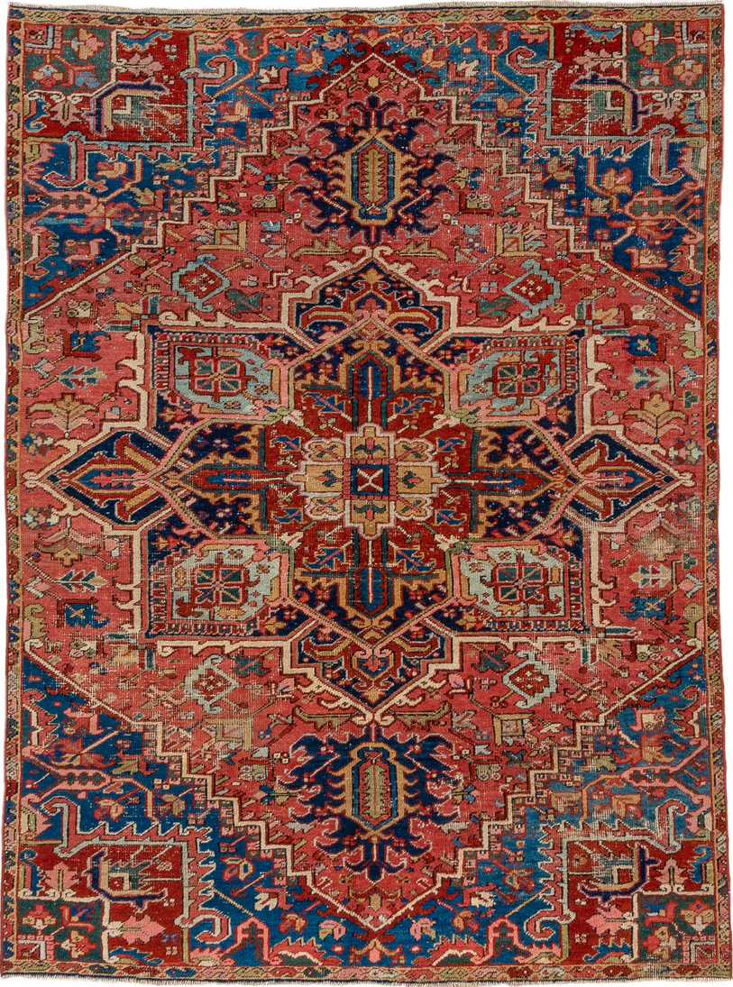 5' x 8' one-of-a-kind handmade vintage Heriz medium size rug. Color palette: arapawa, blue, brown, gray, orange, pink, red