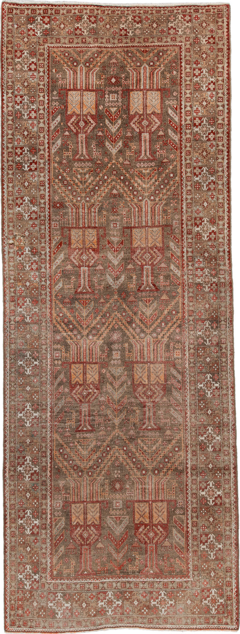 3' x 9' one-of-a-kind handmade vintage Belouch runner rug. Color palette: brown, gray, orange, pink, red